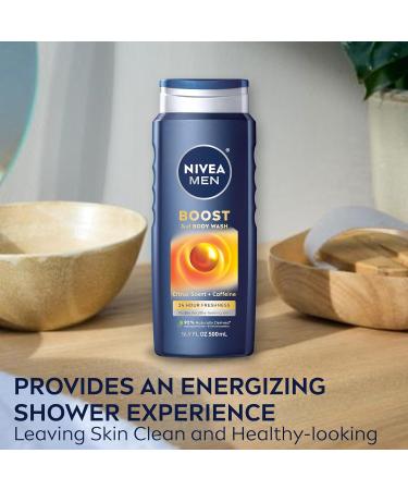 NIVEA MEN Boost 3-in-1 Body Wash - Citrus Scent & Caffeine Enriched for Face Body & Hair | 16.9 Fl Oz | International Shipping Available - Buy Online on GoSupps.com
