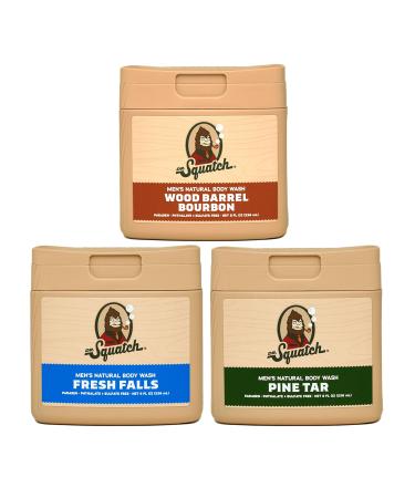 Dr. Squatch NEW Body Wash for Men with Nourishing Natural Ingredients | No Paraben Phthalate Sulfate | All Day Moisturization | Pine Tar Wood Barrel Bourbon & Fresh Falls (8 oz 3-Pack) Rustic Retreat