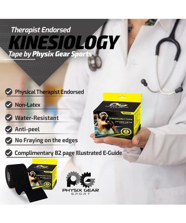 Physix Gear Kinesiology Tape Pro - Waterproof Physio Sports Tape for Pain & Injuries  Pregnancy  Muscle  Knee  Joint Support  Swelling  Strain Relief  Enhanced Blood Circulation (with E-Guide) Black (1 Pack + eGuide) - Buy Online on GoSupps.com