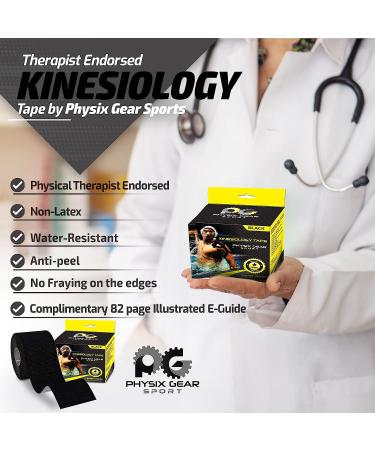 Physix Gear Kinesiology Tape Pro - Waterproof Sports Tape for Pain, Injuries & Pregnancy - 2 Pack Black Tape with E-Guide - Buy Online on GoSupps.com