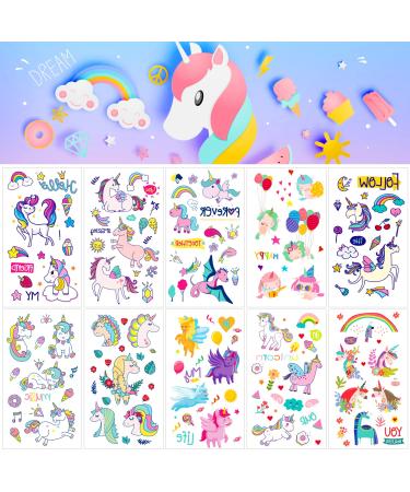 Qpout Unicorn Temporary Tattoos for Kids Girls  Cartoon Unicorn Theme Fake Tattoo Stickers  Children Birthday Party Gifts Bag Filler  Hand Face Arm Decoration