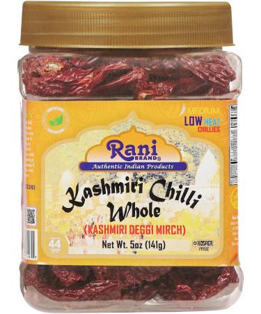 Rani Kashmiri Chilli Whole Stemless (Deggi Mirch Low Heat) 5oz (141g) PET Jar Natural | Salt-Free | Vegan | No Colors | Gluten Friendly | NON-GMO | Kosher | Indian Origin 141.00 g (Pack of 1) - Buy Online on GoSupps.com