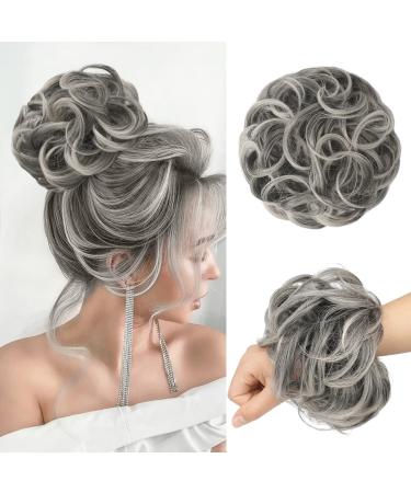 FESHFEN Messy Hair Bun Hair Pieces Curly Large Gray Hair Bun Scrunchies Extensions Synthetic Salt and Pepper Tousled Updo Grey Hairpieces for Women, 1.94oz 1B/171T60# Gray and White Tips