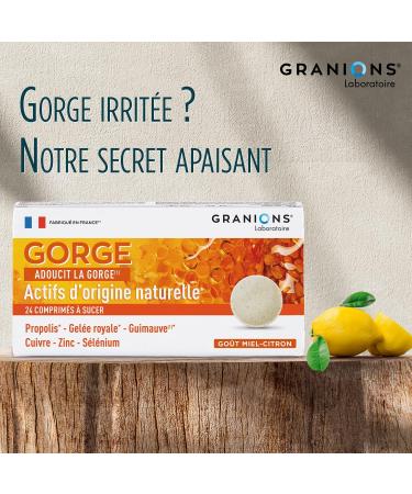Throat GRANIONS | Dietary Supplement | Sore Throat Normal Immune System Function | Propolis + Royal Jelly + Marshmallow | Honey Lemon Flavor | FR Brand | 24 Tablets - Buy Online on GoSupps.com