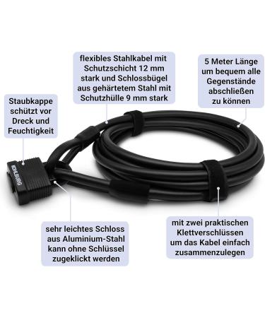Kohlburg 5m Cable Lock - Keyless Locking Steel Rope for Bicycles & Garden Furniture | Durable Velcro Fasteners - Buy Online on GoSupps.com