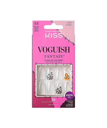 KISS Voguish Fantasy Halloween Nails Black Medium Length Almond Shape Pink Gel Nail Glue (2g) Mini Nail File Manicure Stick & 28 Fake Nails Devilish
