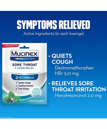 Mucinex InstaSoothe Sore Throat + Cough Relief Drops - Alpine Herbs & Mint Flavor | Fast-Acting, Cooling Comfort Formula | Powerful Oral Pain Reliever (40ct) - Buy Online on GoSupps.com