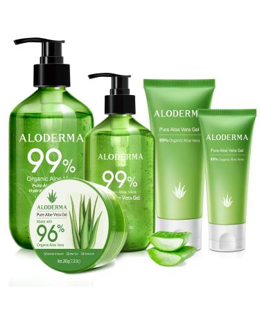Aloderma Aloe Vera Gel Set 5 Pieces - 45g Aloe Vera Gel 114g Aloe Vera Gel 300g Aloe Vera Gel 300g Aloe Vera Gel + Tea Tree Oil 200g Aloe Vera Gel