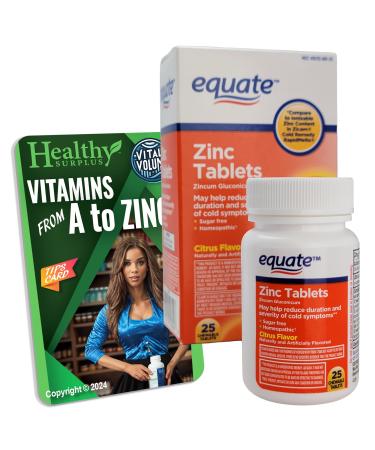 Equate Zinc Tablets Zincum Gluconicum - Citrus Flavor - 25 Chewable Tablets and Vital Volumes A to Zinc Tips Card Bundle