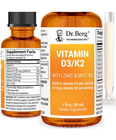 Dr. Berg Vitamin D3 K2 with Zinc & MCT Oil Liquid Supplement - Liquid Vitamin D3 with K2 for Bone & Teeth Strength Mood Immune & Heart Health D3 K2 Drops - Vitamin D3 K2 Drops for Adults - 1 fl oz - Buy Online on GoSupps.com