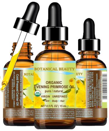Botanical Beauty Organic EVENING PRIMROSE OIL 100% Pure Natural Undiluted Unrefined Virgin Cold Pressed Carrier Oil. 0.5 Fl.oz.- 15 ml for face skin hair nails 0.5 Fl Oz (Pack of 1)