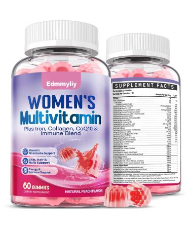 Multivitamin for Women Gummy Vitamins - Methylated B Complex with Iron, Calcium, Collagen, Biotin, Vitamin A, C, E, D3, Inositol - Womens Multivitamin Gummies for Skin, Energy & Immune Health Peach 60 Count (Pack of 2)