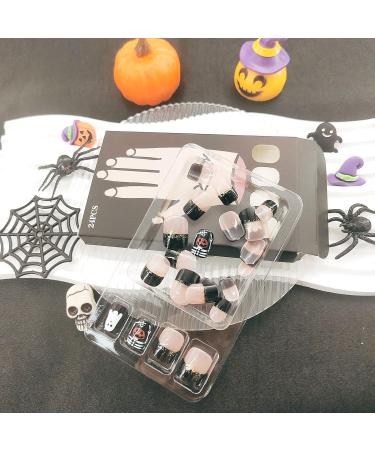 Halloween Press on Nails | Short Square Black French Fake Nails with Ghost & Pumpkin Designs | 24 Pcs Full Cover Acrylic Nails for Women & Girls - Buy Online on GoSupps.com