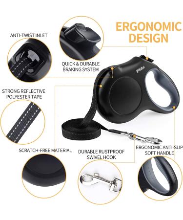 Fida Retractable Dog Leash 16ft Heavy Duty for X-Small to Large Dogs up to 110 lbs - Tangle Free, One-Hand Brake - Small Black - Buy Online on GoSupps.com