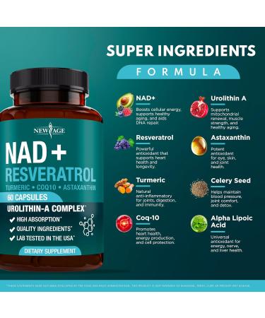 NEW AGE NAD+ Supplement Complex NAD+ 300 mg with Astaxanthin Urolithin A Resveratrol CoQ10 & Antioxidant Blend Cellular Energy Support or Women & Men Vegan Non-GMO- 120 Count 60 Count (Pack of 2) - Buy Online on GoSupps.com