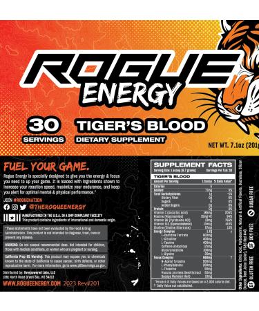 Rogue Energy Drink Powder - Boost Mental Focus & Endurance for Gaming - Sugar & Gluten Free - Caffeine & Vitamins - Tiger s Blood Flavor - 30 Servings - Made in USA - Buy Online on GoSupps.com