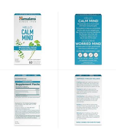 Himalaya Hello Calm Mind Herbal Supplement, with Bacopa, L-Theanine, Gotu Kola, Supports Concentration & Focus, Cognitive Function, Clear Thinking, Relaxation, Vegan, Gluten Free, 60 Capsules - Buy Online on GoSupps.com