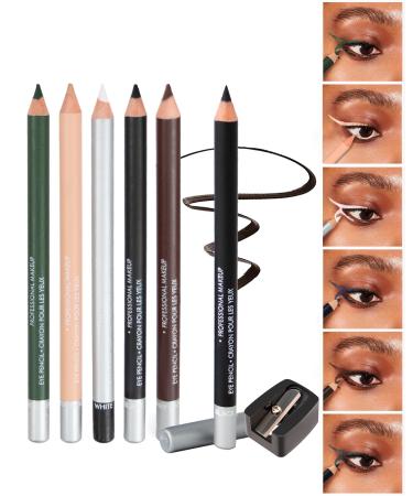 6 Colors Eyeliner Gel Pencil Set Waterproof Smudge proof Long Lasting Rich Color Nude Black Brown White Blue Green Eyeliner Pencil Waterline Multi-Use Cream Eye Liner Brightener Pen with Sharpener Set (6 Colors)