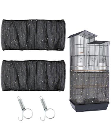 2Pcs Bird Cage Seed Catcher Birdcage Nylon Mesh Cover Twinkle Star Universal Birdcage Cover for Parakeet Round Square Cage with Spring Hook Black