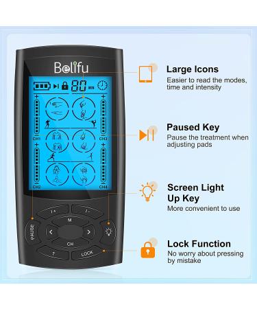 Belifu 4 Channel TENS EMS Unit | Muscle Stimulator for Pain Relief | 24 Modes, 20 Intensity Levels | Rechargeable Electric Pulse Massager with Large Screen | 10 Pads & Storage Bag - Buy Online on GoSupps.com