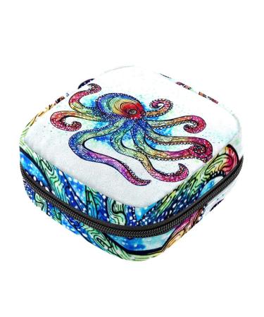 Colorful Octopus Print Women Napkin Storage Bag Portable Zippered Napkin Pouch for Teen Girls Women Ladies