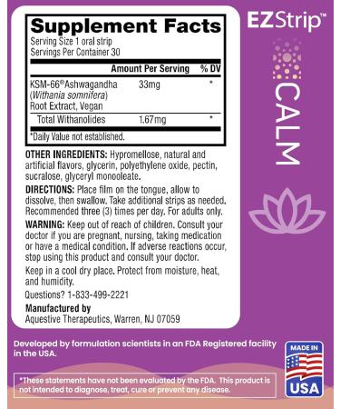 EZStrip Calm Supplement - Honey Lemon Flavor 30 Count - Dissolving Calming Strips with Ashwagandha KSM 66 Help Support Stress Relief - Made in The USA Sugar and Gluten-Free - Buy Online on GoSupps.com