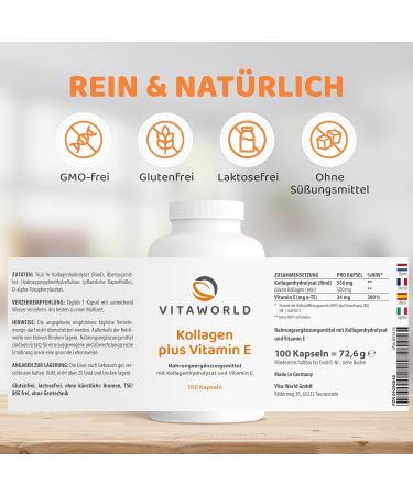 Buy Vitaworld Collagen 500mg + Vitamin E 24mg - 100 Capsules of Pure Bovine Collagen for Healthy Skin & Joints | International Shipping Available - Buy Online on GoSupps.com