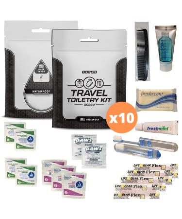 Go2Kits 10-PACK Hygiene Toiletry Travel PPE Kits for Travel, Business & Charity with Reusable Toothbrush, Bath Soap, Cleansing Wipes & Other Essential Toiletries 10 Pack