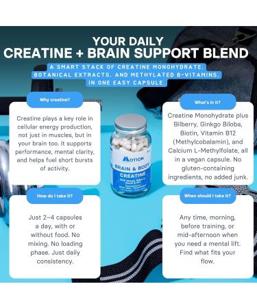 Motion Nutrition Brain & Body Creatine - Creatine Capsules for Increased Power Speed + Mental Performance - Perfect for Sprint/Power-Based Exercise - Improves Psychological Function (120 Capsules) - Buy Online on GoSupps.com