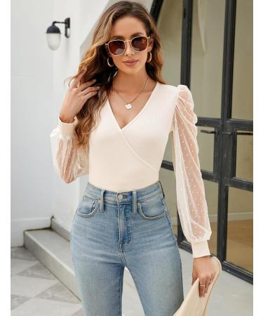Fayenne Womens Tops Deep V Neck Cross Wrap Sexy Tops Polka Dot Mesh Long Sleeve T Shirt Casual Blouses S Beige - Buy Online on GoSupps.com