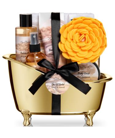 Spa Gift Baskets For Women - Luxury Bath Set With Honey & Almond - Spa Kit Includes Body Wash, Bubble Bath, Lotion, Bath Salts, Body Scrub, Body Spray, Shower Puff, and Towel Honey + Almond 9 Piece Set
