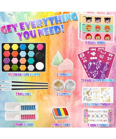 TEUVO Face Painting Kit for Kids 19 Colors Halloween Face Paint Kit Professional Safe Water Based Halloween Makeup Kit Instruction Teaching with 35 Stencils & Brushes Glitters Hair Dye Clips Rainbow - Buy Online on GoSupps.com