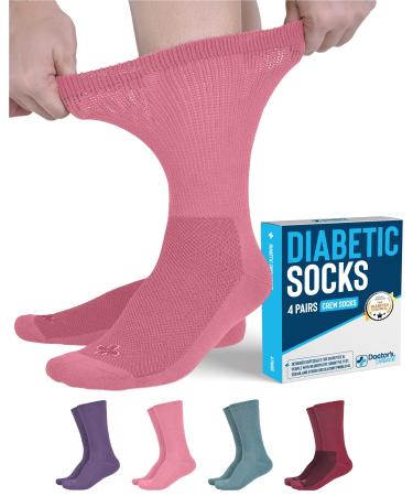 Doctor's Select Diabetic Socks for Women and Men - 4 Pairs Non Binding Socks | Diabetic Socks Women | Womens Diabetic Socks Medium Pink  Green  Red  Purple