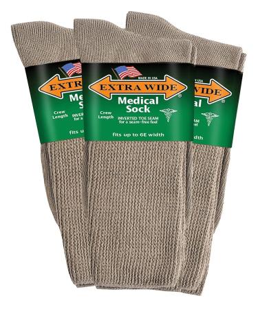 Extra Wide Men's and Women's Up to 6E Unisex Medical Mid Calf Crew 3PK Antimicrobial Made in USA! L Tan
