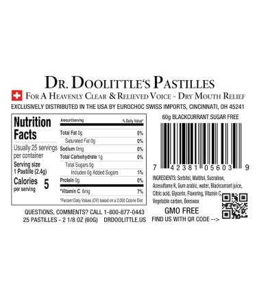 Dr. Doolittle s Sugar Free Soft Fruit Pastilles for Voice and Throat Blackcurrant Flavor 2.12 Ounce Tin approximately 25 Count Package 25 Count (Pack of 1) Blackcurrant-sf - Buy Online on GoSupps.com