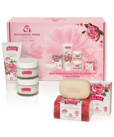 Bulgarian Rose Moisturizing Daily Regimen 5 Piece Gift Set - Rose Day Cream Rose Night Cream Exfoliating Face Mask Rose Soap Rose Soap Sponge