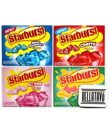 Jello Mix Variety Pack with Starburst Gelatin. Includes 4 Boxes of Starburst Jello Plus BELLATAVO Refrigerator Magnet! One Box Each Flavor: All Pink Strawberry, Blue Raspberry, Cherry, & Watermelon Jello!
