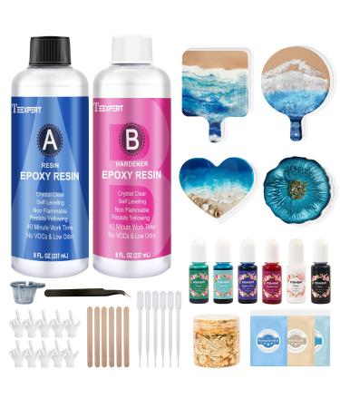 Teexpert Epoxy Resin Kit for Beginners  Resin Kit with Coaster Molds  Silicone Molds Kit  Pigments  Mica Powder  Foil Flakes  Crystal Clear Art Resin  Casting & Coating for DIY Resin Coasters 16 FL.OZ