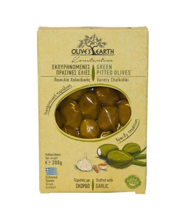 Olive's Earth Greek Green Chalkidiki Olives without Stones stuffed with Garlic Pack of 4 x 200g (Total: 800g)