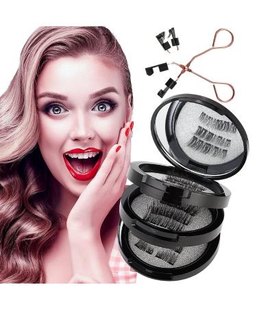 Magnetic Eyelashes without Eyeliner Reusable 4 Pairs False Lashes Natural Look 3D Effect Waterproof Fake Eyelash Set with Applicator Dark