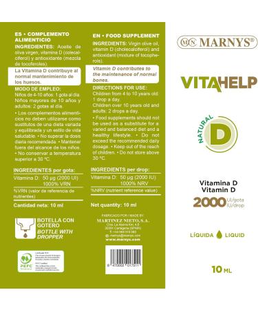 Marnys Marnys. Vitahelp - Vitamin D 2000 IU Liquid - Bottle - Drops - Maintains healthy joints and bones and improves the immune system - Made in Europe - Buy Online on GoSupps.com