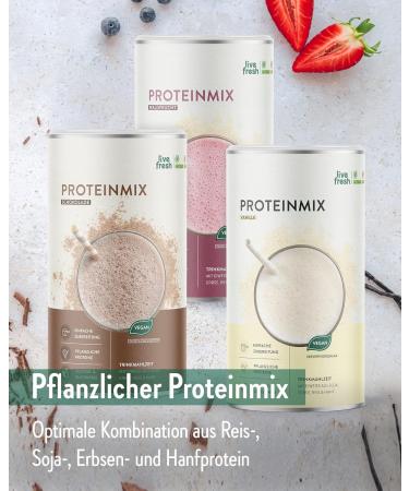 LiveFresh Vegan Protein Powder Trial Pack - Chocolate Vanilla & Forest Fruit (3x320g) | 29g Protein per Serving | Plant-Based Meal Replacement - Buy Online on GoSupps.com