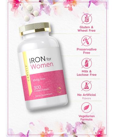 Carlyle Iron Supplement for Women 65mg | 300 Coated Tablets | Vegetarian Non-GMO & Gluten Free - Buy Online on GoSupps.com