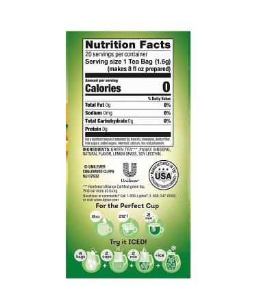 Lipton Lemon Ginseng Green Tea Bags 1.13oz 20 Count - Pack of 6 | Supports a Healthy Heart - Buy Online on GoSupps.com