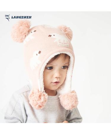 LANGZHEN Polar Bear Pink Winter Hat for Baby Boys Girls 6-12 Months | Earflap Knit Warm Cap with Fleece Lining - Buy Online on GoSupps.com