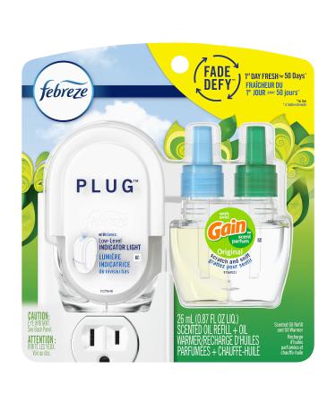 Febreze Odor-Eliminating Fade Defy PLUG Air Freshener Gain Original Starter Kit & 26 mL Scented Oil Refill Gain Starter Kit 2 Piece Set