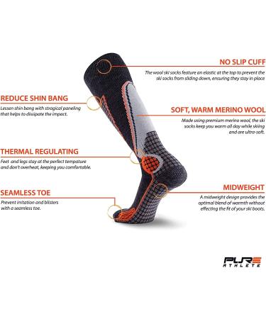 Pure Athlete High Performance Wool Ski Socks - Merino Wool Thermal OTC Socks 1 Pair - Black/Grey/Neon Pink - Small - Buy Online on GoSupps.com