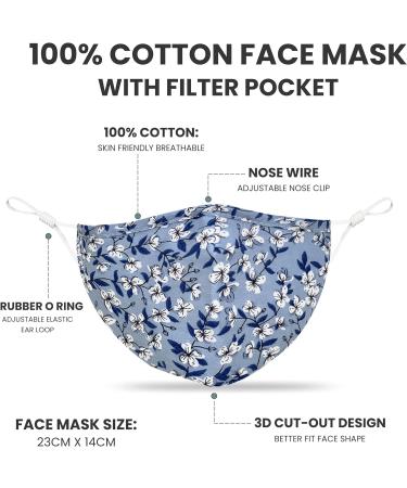 Washable Floral Face Masks for Women with Nose Wire | 3 Layers Cotton | Filter Pocket | Adjustable Ear Loops | Pack of 2 - Buy Online on GoSupps.com