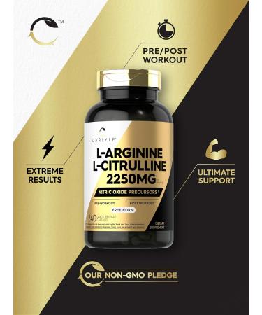 Carlyle L-Arginine L-Citrulline Supplement | 2250mg | 240 Powder Capsules | Nitric Oxide Precursors | Free Form | Non-GMO & Gluten Free - Buy Online on GoSupps.com