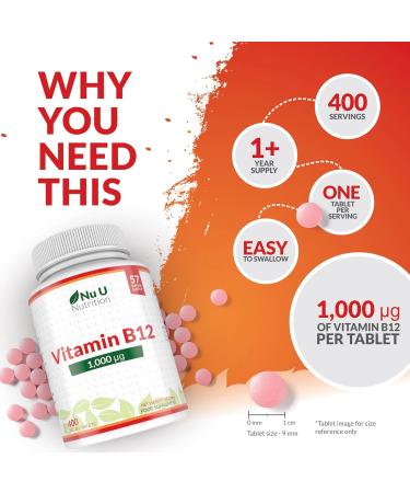 Vitamin B12 1000mcg - High Strength Vegan Tablets - 400 Count - Methylcobalamin - Reduce Tiredness & Fatigue - 13 Month Supply - Buy Online on GoSupps.com